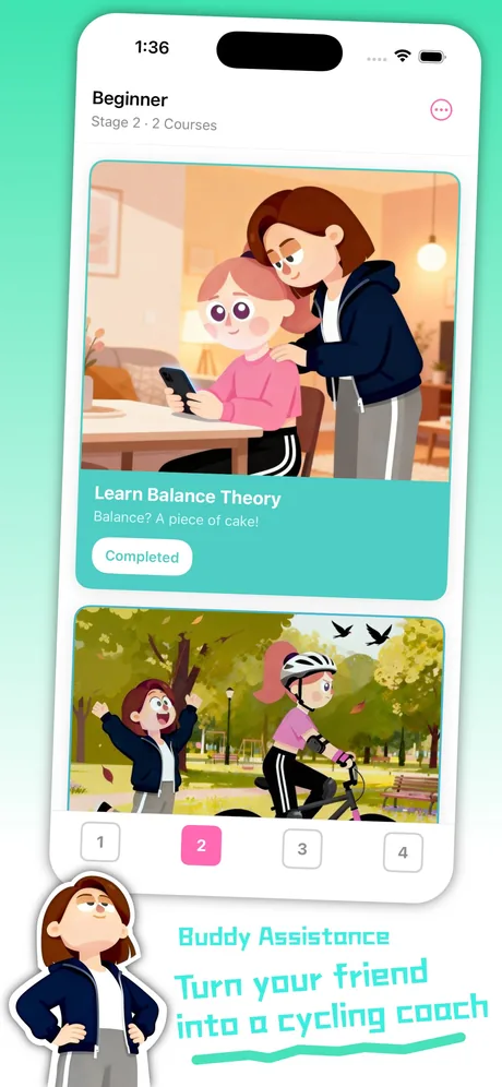 Learn2Bike home screen with the four course stages
